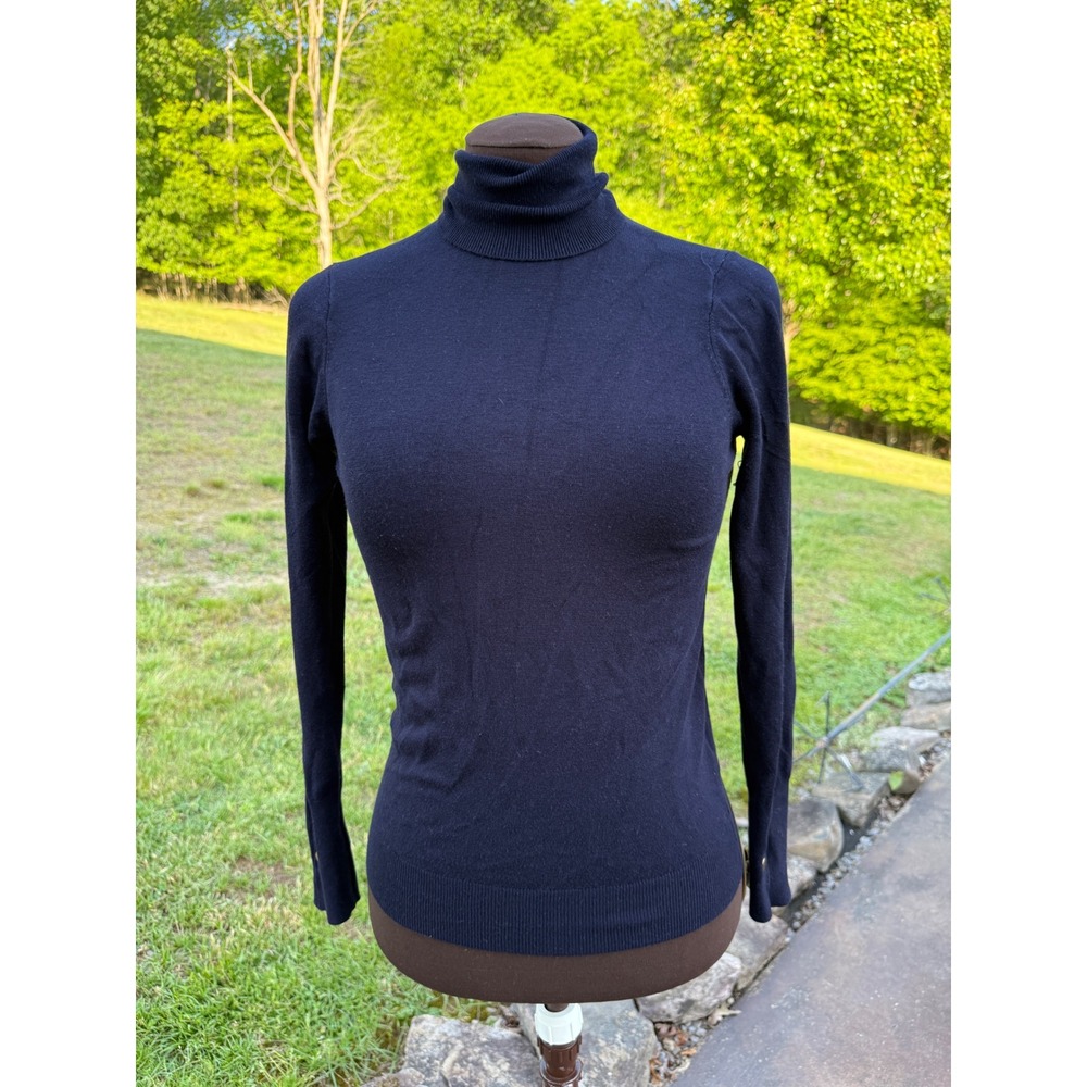 Zara Knit Navy Blue Turtleneck Sweater Gold Button Women Small minimalist soft
